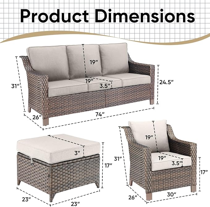 5 Pieces Wicker Patio Furniture Set-Outdoor High Back Sofa with Rattan Wicker Chairs Outdoor Furniture for Porch Garden Backyard Poolside-Brown/Beige