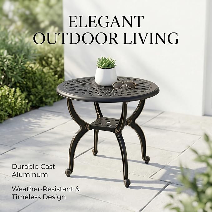 Round Outdoor Coffee Table, Cast Aluminum Side Table with Storage,Indoor End Table, All-Weather Bistro Table for Patio Garden Lawn,Black