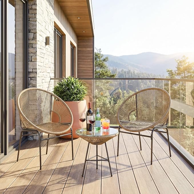 COSTWAY 3-Piece Outdoor Acapulco Chair Set, Wicker Conversation Bistro Sets with Plastic Rope, Glass Top Table, Patio Rattan Furniture Set for Garden, Balcony, Lawn, Backyard, Apartment (Brown)