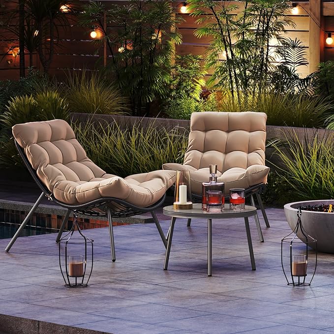 Tangkula 3 Pieces Patio Furniture Set, Outdoor Rattan Wicker Bistro Conversation Set with Cushioned Papasan Chairs and Tempered Glass Coffee Table for Porch, Balcony, Deck and Garden