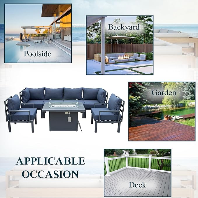 LeisureMod 7-Piece Outdoor Patio Conversation Set with Aluminum Sectional & Cushions, Propane Fire Pit Table with Black Stones, Wind Glass & Lid, Black