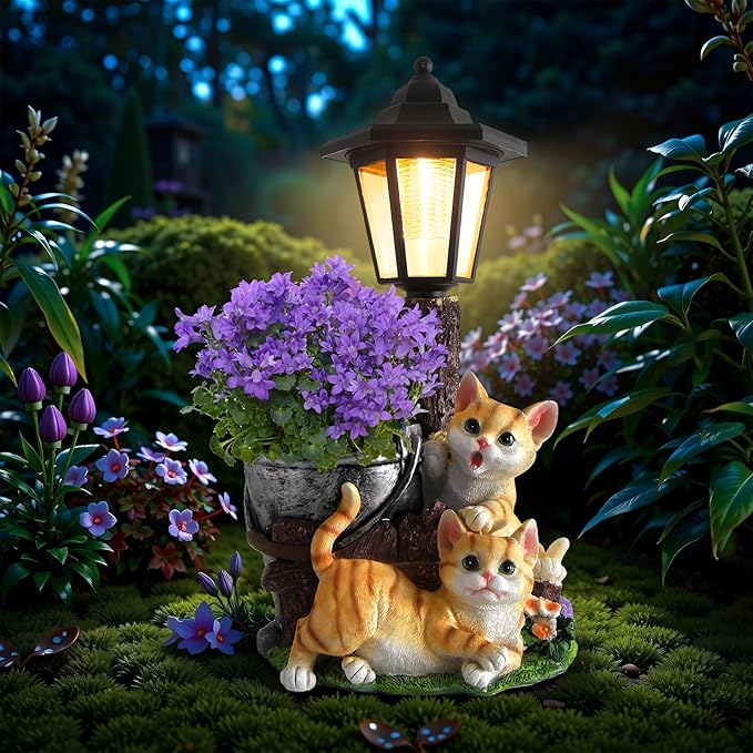 Solar Cat Outdoor Statues, Garden Sculptures with Flowerpot & Lantern | Cute Cat Figurines for Yard Art Lawn Ornaments Porch Patio Balcony - Idea Gifts for Women Mom Grandma