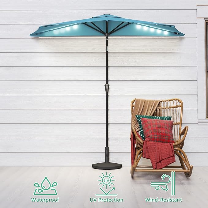 Helios&Hestia 9 ft Small Half Round Solar Powered Wall Outdoor Market Patio Umbrella with LED Lights and Tilt for Garden, Deck, Balcony