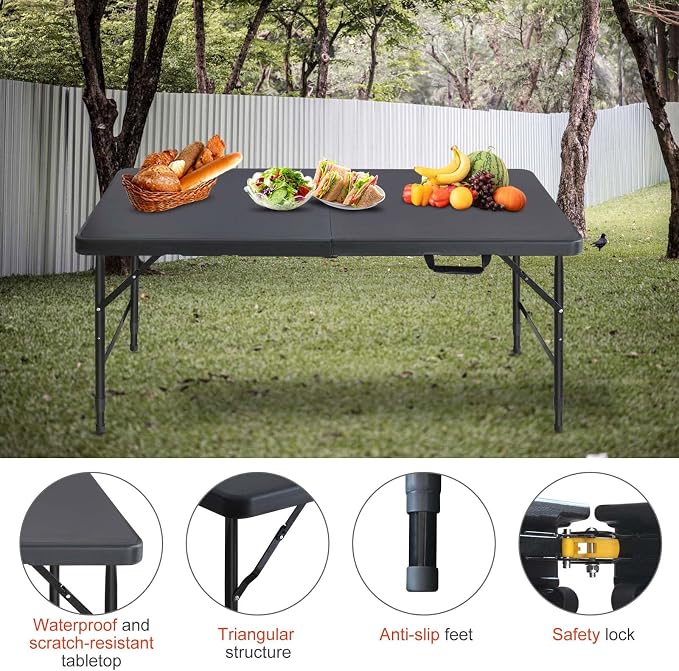 Portable 4Ft Folding Table, Heavy Duty Plastic Fold-in-Half Utility Foldable Table Small, Adjustable Height Plastic Folding Table with Carrying Handle for Camping & Party Indoor/Outdoor(Black)