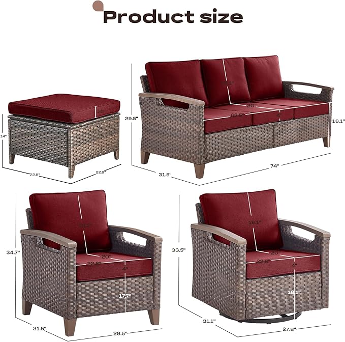 Rilyson Wicker Outdoor Patio Furniture Set - 7 Piece Patio Conversation Sets with Swivel Rocker Chairs, Chairs, Ottomans and Sofa, Thick Cushions, Waterproof Wicker, for Porch Deck Brown/Red