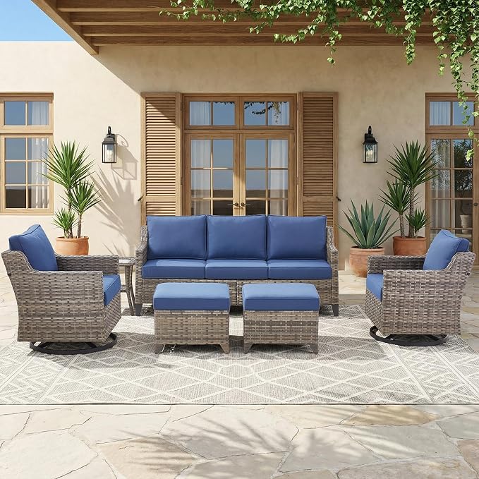 Belord Patio Wicker Swivel Rocker Patio Chairs with Side Table and 3-Seater Sofa, Outdoor Rattan Chairs for Deck Porch Garden, 6 Piece Luxury Patio Furniture Set, Blue