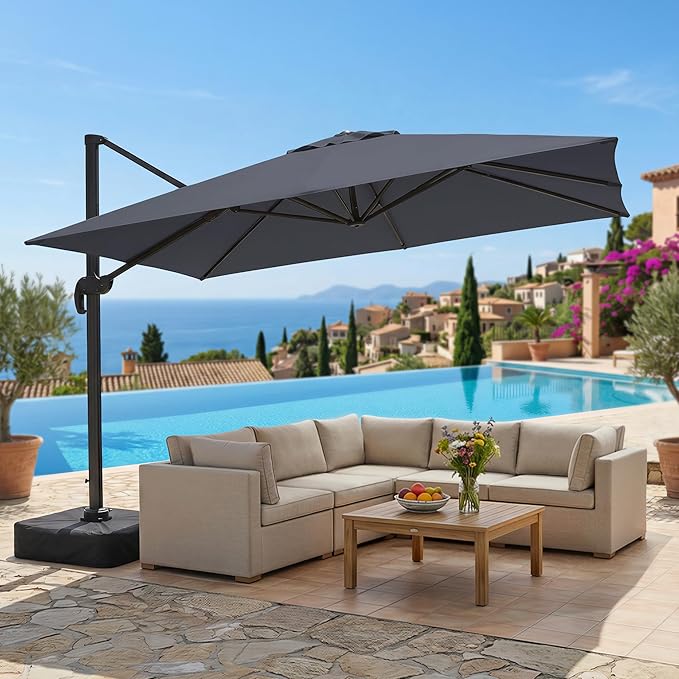 Olilawn 9' X 12' Patio Umbrella with Base Included, Large Outdoor Cantilever Offset Patio Umbrellas Rectangular Aluminum Umbrella with 360-degree Rotation & Infinite Tilt Adjustment for Backyard Hosting, Poolside Luxury, Garden Soirees, Coastal Deck En...
