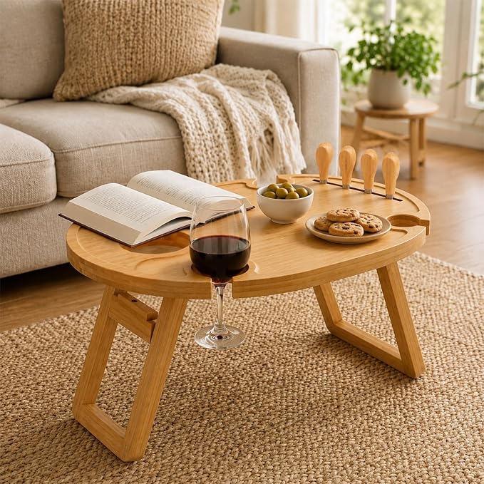 Wine Picnic Table with 4 Glass Holders, Small Portable Picnic Beachtable, Foldable Bamboo Outdoor Charcuterie Table, Low Picnic Snack Tray for Camping, Beach, Includes Cheese Knife Set & Tote Bag