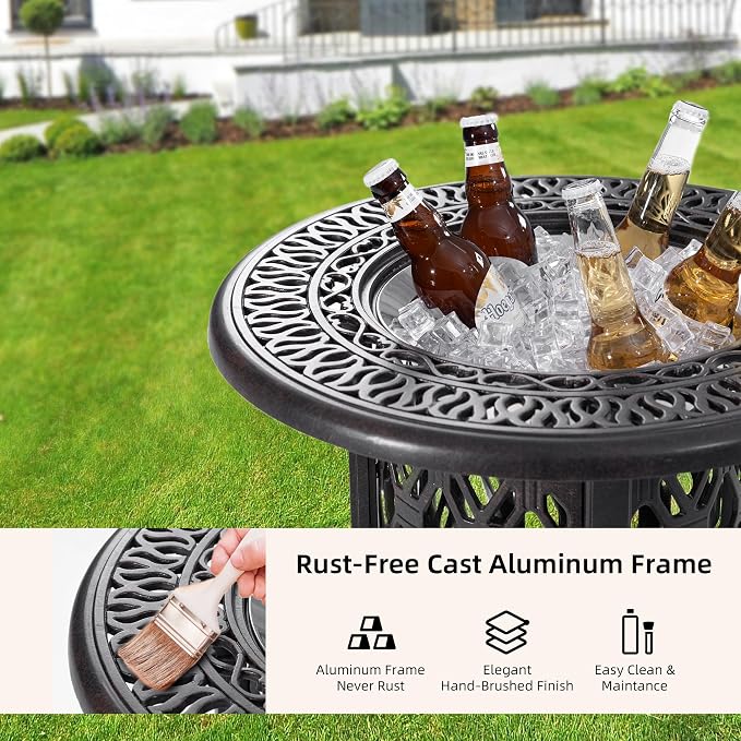 21" Side Table with Removable Ice Bucket- Rustproof Cast Aluminum Frame, Hand-Brushed Finish, Food-Grade 304 Stainless Steel Bucket - Perfect for Indoor & Outdoor, Patio, Balcony, and Poolside