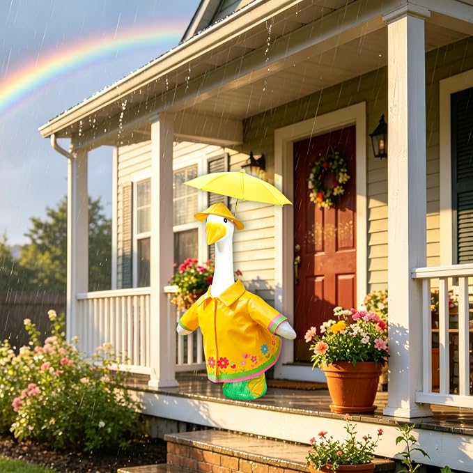 Raincoat Porch Goose Outfits, Summer Lawn Goose Statue Raincoat Costume, Cement/Plastic Goose Clothes Raincoat Umbrella Hat, 3-Piece Set for 23" Yard Goose Statue Patio Garden Decoration