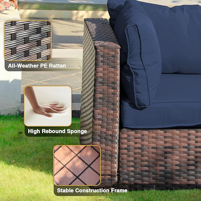 7 Pieces Patio Furniture Set, Rattan Outdoor Sectional Conversation Sets, All Weather Outdoor Furniture Set with Cushions for Garden Lawn Balcony Porch Deck Blue