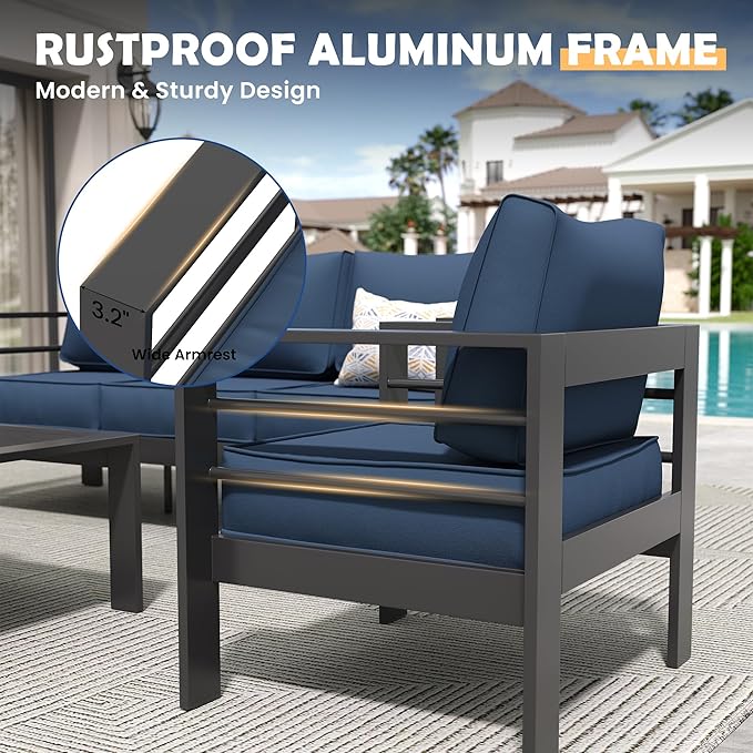 Amopatio Aluminum Patio Furniture Set, 10 Pieces Modern Patio Conversation Sets, Outdoor Sectional Metal Sofa with Coffee Table for Balcony, Garden, Dark Grey&Blue (Included Waterproof Covers)