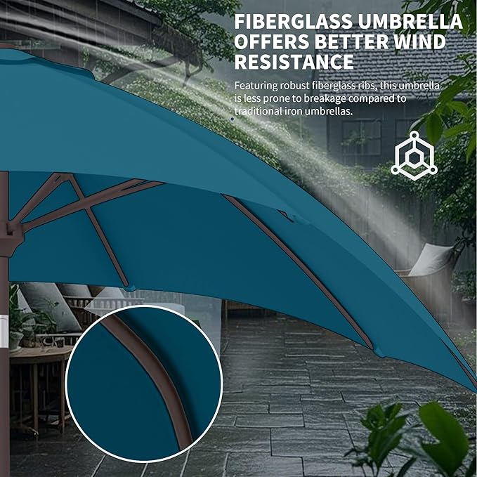 Kingdura 9FT Outdoor Patio Umbrella, Market Table Umbrella with Push Button Tilt and Crank, 8 Sturdy Fiberglass Ribs, UV Protection for Pool, Lawn, Deck, Backyard, Garden (Lake blue)