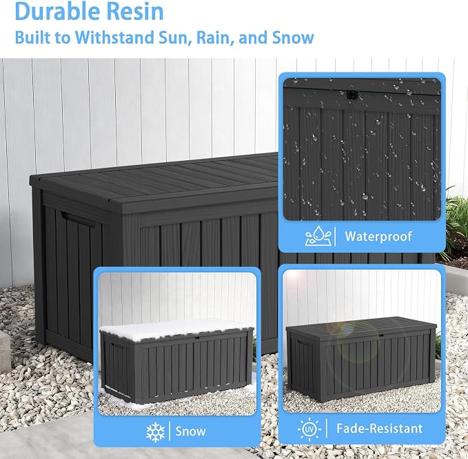 Pepe Tee 120 Gallon Waterproof Resin Deck Box, Outdoor Storage Bin for Patio Furniture Cushions, All-Weather Garden Organizer & Seating Bench, Black