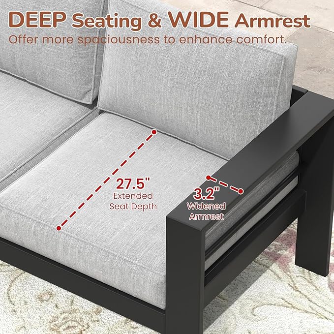 8 Pieces Outdoor Conversation Sets, Aluminum Patio Couch with Propane Fire Pit Table, All-Weather PatioCouch with 5" Thick Soft Cushion and 43'' Firepit Table, Sofa Sets for Balcony, Porch, Light Gray