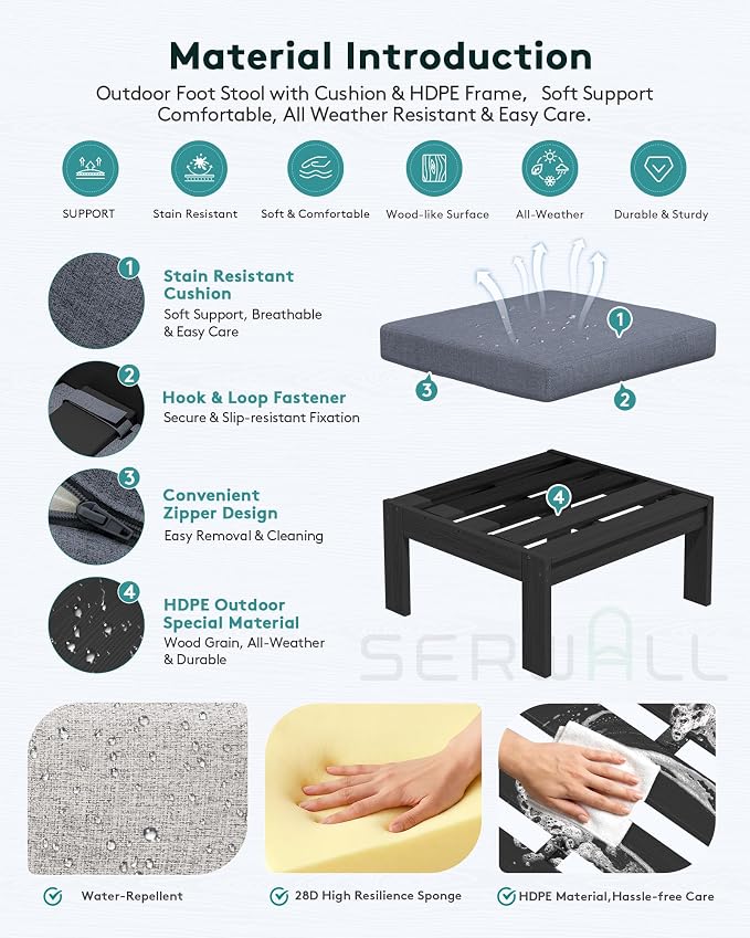 SERWALL HDPE Outdoor Ottoman with Cushions