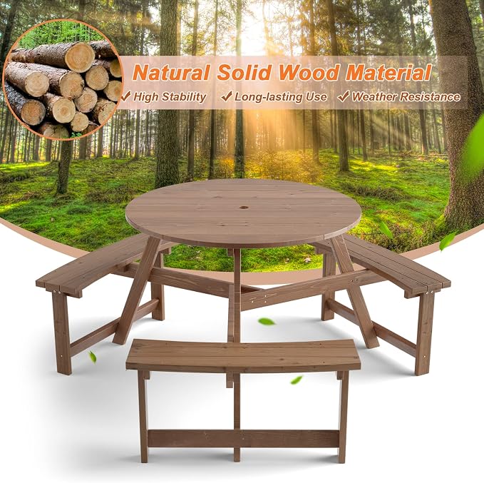 GYMAX Picnic Table, 6 People 1720lbs Wooden Picnic Table Bench Set with Umbrella Hole, Heavy Duty Outdoor Camping Dining Table with Seat for Patio Lawn Backyard Garden Deck Poolside