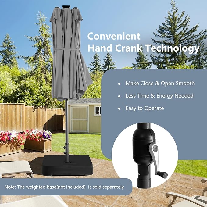 Tangkula 15 Ft Solar Patio Umbrella, Double-Sided Extra Large Outdoor Market Table Umbrella with 48 LED Lights, Crank Handle, 12 Sturdy Ribs for Poolside, Garden & Backyard (Gray)