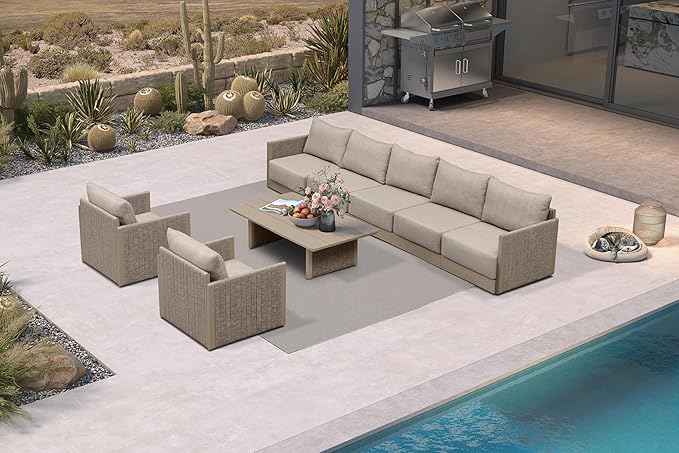 PURPLE LEAF Patio Furniture Set 8-Piece Outdoor Conversation Sets PP Rope Patio Sofa with Cushions and Table Manual Weaving Deep Seating Furniture for Porch Lawn Backyard Beige