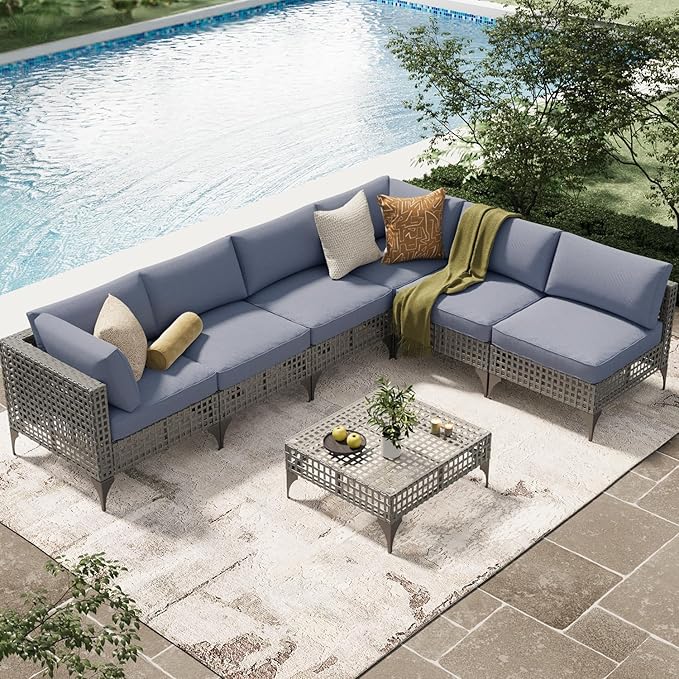 AECOJOY 7-Piece Patio Outdoor Furniture Set with Tea Table, Boho Outdoor Sectional Furniture Sofa PE Rattan Wicker Conversation Set, Grey Rattan&Blue Cushions