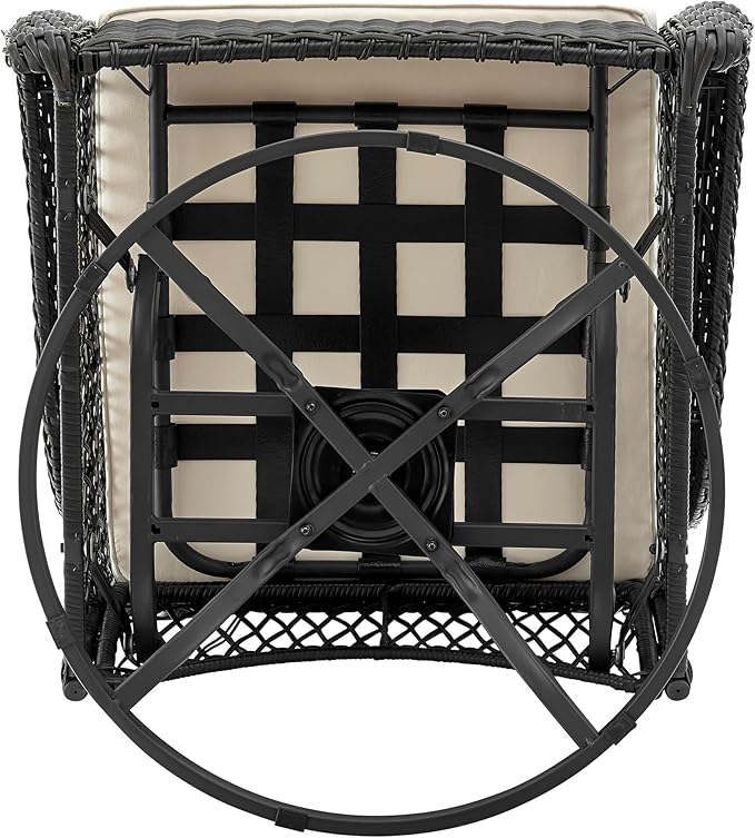 Manhattan Comfort Fruttuo 3-Piece Patio Conversation Set, Swivel Steel Rattan Chairs with Removable Cushions & Tempered Glass End Table, Weather-Resistant Outdoor Furniture for Backyard & Porch, Cream