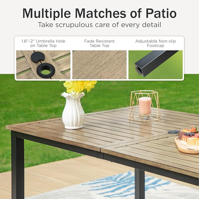 PHI VILLA Outdoor Dining Set for 6, 64" Brown Metal Table w/Umbrella Hole | 7 pcs rectangle wrought iron furniture set w/ cushions. All weather for patio, deck, yard, porch