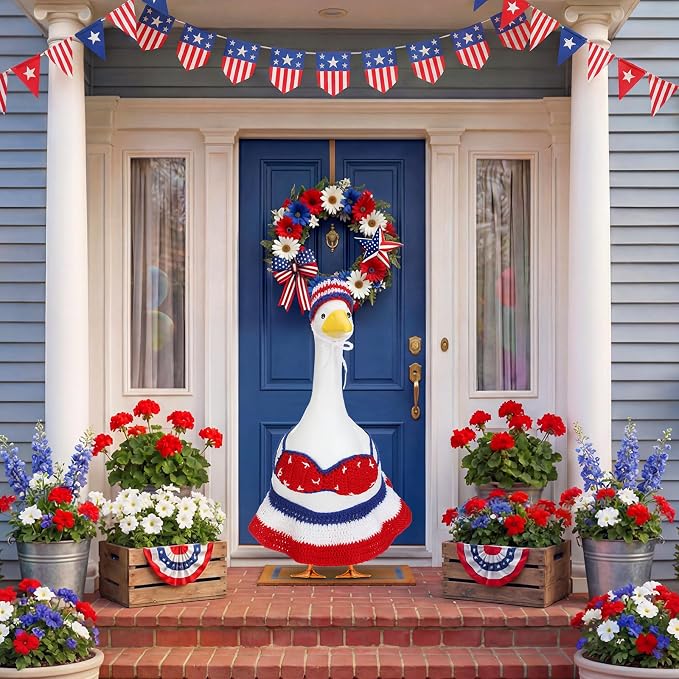 Abbylike 4th of July Bikini Porch Goose Outfit Patriotic Crochet Clothes Red White Blue Geese Summer Costume Fits 23'' Cement Statue for Independence Day Lawn 250th Outdoor Patio Art Decor