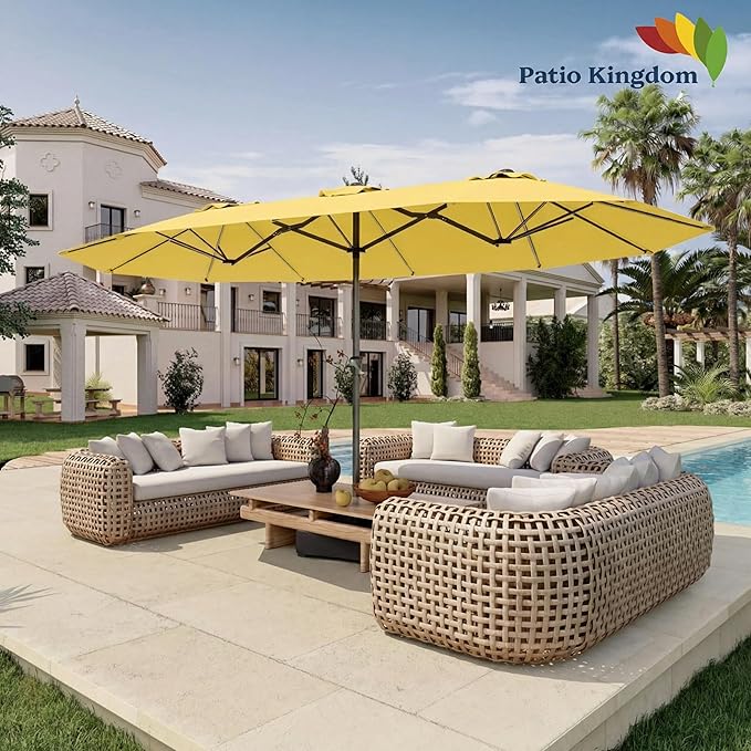 15FT Double Sided Patio Umbrella with Base Included Large Outdoor Market Umbrella with Crank Handle, UV Resistant Canopy, Sturdy Frame for Garden, Poolside, Deck, Sunshine Yellow