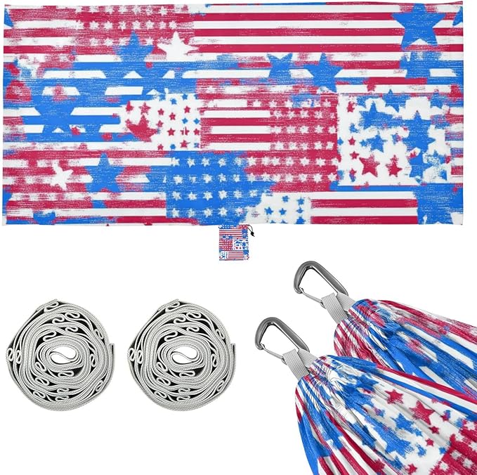 4th of July Independence Day Red White Blue 330lb Capacity Outdoor Hammock Fabric Hammock for Patio Backyard Lounge Base hamacas para adultos con soporte