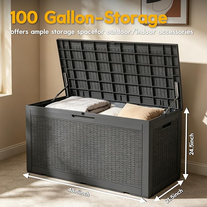 LAUSAINT HOME 100 Gallon Resin Deck Box for Outdoor Storage, Extra Large Waterproof Patio Storage Bench for Cushions and Garden Tools, Heavy Duty Seating, Lockable Toy Box for Porch and Deck (Black)