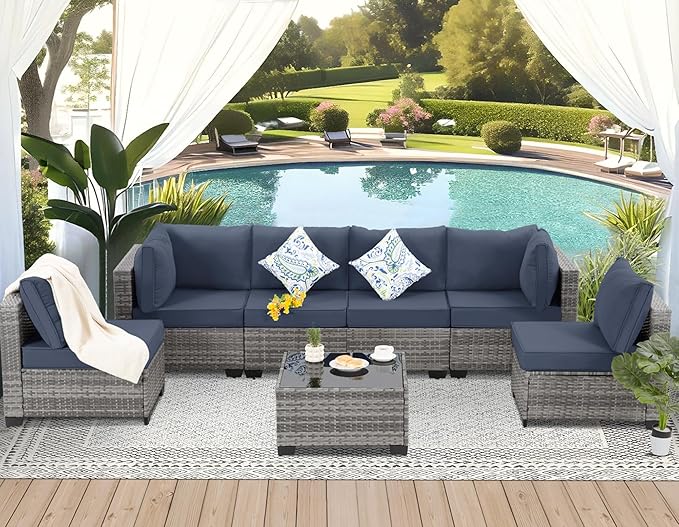FHFO 7 Piece Outdoor Wicker Patio Furniture Set, Rattan Sectional Sofa Couch, Patio Conversation Set with Cushion & Coffee Table, for Backyard Poolside Porch Garden, Grey/Blue