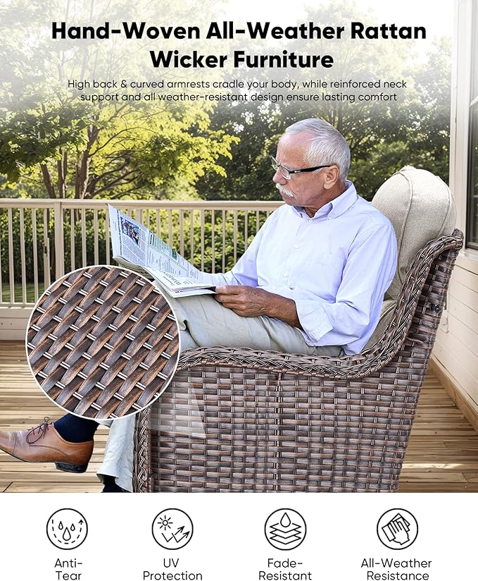 HUMMUH 3PCS Patio Furniture Set with 6-inch Thick Cushion, High Back Outdoor Swivel Rocker Patio Chairs, Wicker Conversation Set for Porch Deck and Poolside(V3)