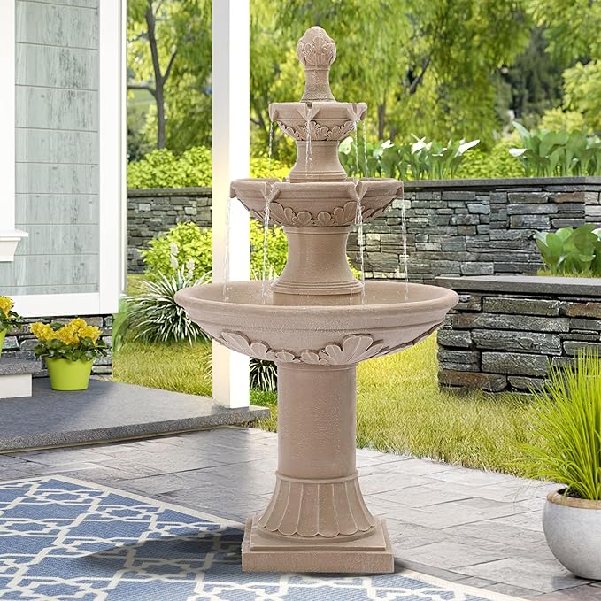 48.4" H 3-Tiers Italian Freestanding Water Fountain Classic Leaf Design, Roman Pillar Indoor Outdoor Floor Cascading Waterfall with Pump and Pineapple Top for Yard Patio Lawn Home Decor (Tan)