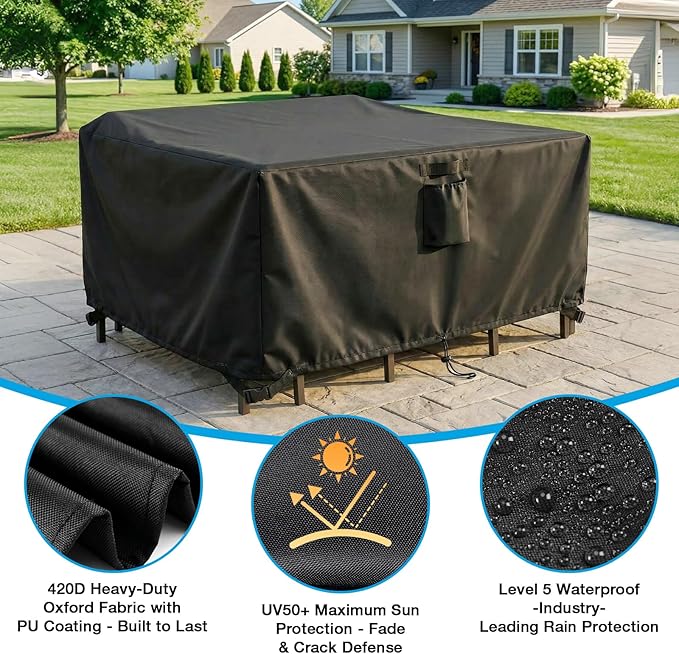 KANAGAWA Rectangular Patio Furniture Covers,108"(L) x 82"(W) x 28"(H) Heavy Duty Table and Chairs Cover,Anti-Fading Outdoor Waterproof 420D Furniture Cover with UV Resistant,Black