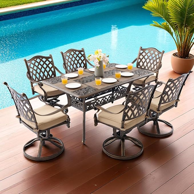 7 Piece Cast Aluminum Outdoor Dining Set, Retro Patio Dining Furniture Set for 6 Includes 59” Rectangular Table 6 Lattice Chairs with Thicker Cushions and Umbrella Hole for Porch Poolside Garden