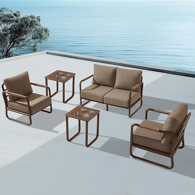 MBY Outdoor Aluminum Patio Furniture Set, 4-Seats Patio Conversation Sofa Set with 2 Coffee Table and Thickened Cushions, All Weather for Pool, Garden-Brown