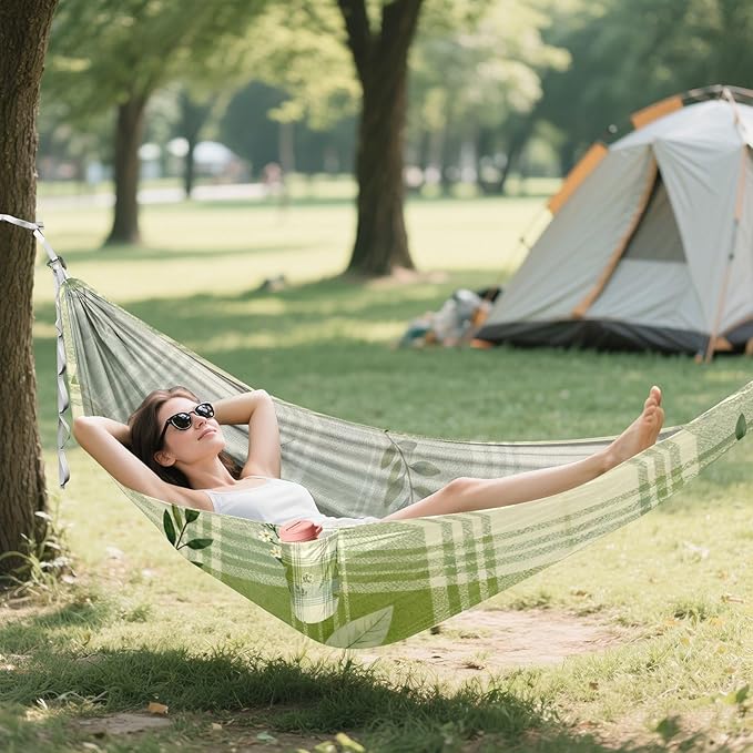 Green Plaid and Foliage Hammocks for Camping with Portabl Carry Bag Hanging Hammock Outside Beach Patio Garden