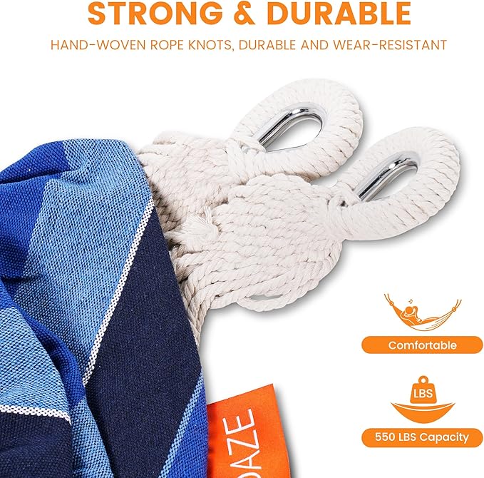 Lazy Daze Hammocks Extra Large Double Hammock, Portable Camping Hammock with Travel Bag & Tree Straps for Outdoor, Camping, Backyard, Patio, 550lbs Capacity, Blue