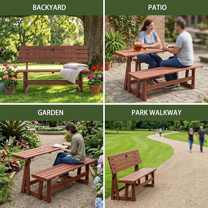 2-IN-1 Convert A Bench Picnic Table Wood Bench to Table With Umbrella Hole | Convertible Wood Bench with Backrest,Foldable Space Saving,Easy to Assemble &Clean,Portable, Ideal for Patio, Porches, Garden