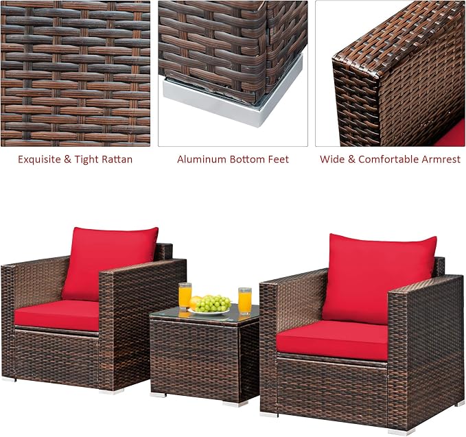RELAX4LIFE 3-Piece Wicker Bistro Set - Outdoor Patio Rattan Sofa Set w/Washable Cushions & Tempered Glass Coffee Table, Conversation Furniture Set for Backyard, Porch, Garden & Poolside (Red)