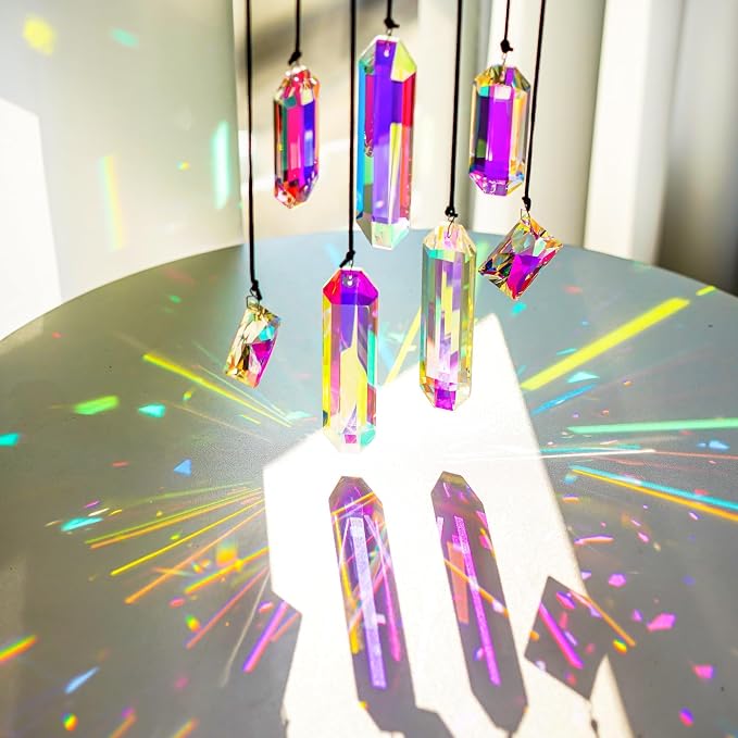 Set 7 Crystal Sun Catcher Prisms AB Colored Suncatcher Crystals for Window | Rainbow Maker Prisms,Indoor Window Suncatchers Hanging,Glass Ornaments for Christmas Tree Home Garden Decor,Gift For Women