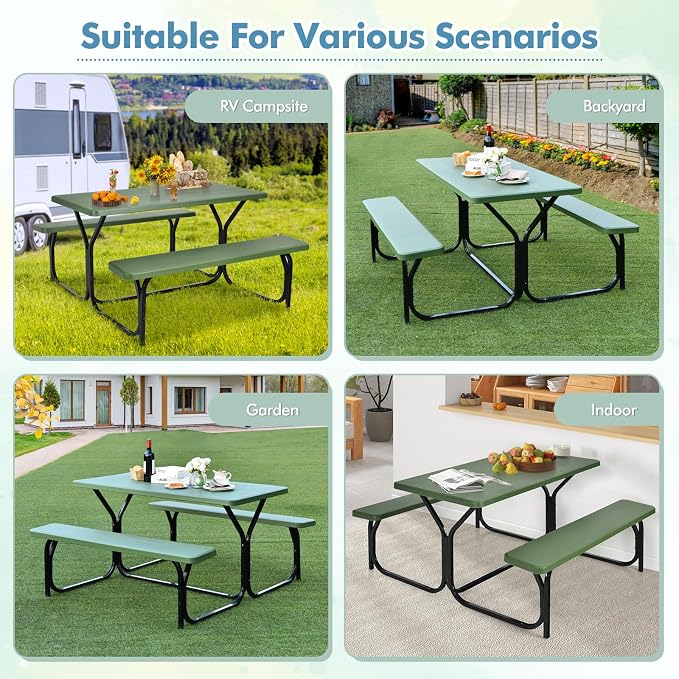 ORALNER Picnic Table, Resin Dining Table & 2 Benches Set, Weather Resistant Wood Grain Plastic Tabletop & Steel Frame, Picnic Tables for Outdoors, Porch Yard Patio Lawn Party Camping (Green)
