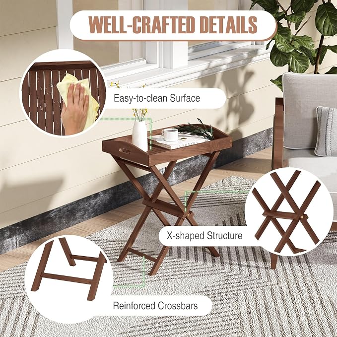 Giantex Outdoor Side Table with Removable Top, 28-Inches High Solid Teak Wood TV Tray, Folding Portable Bistro Table for Outside, Patio, Garden, Porch, Backyard, Balcony, No Assembly Need (1)