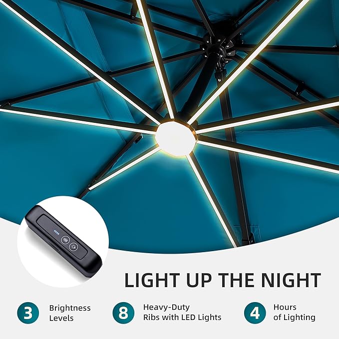 10 X 13 FT Cantilever Patio Umbrella with Led Lights Heavy Duty Windproof Double Top Large Rectangle Offset Umbrellas with 360-degree Rotation for Garden Pool Deck Backyard, Turquoise