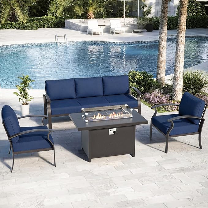 ALAULM Aluminum Patio Furniture Set with Propane Fire Pit Table 5-seat Metal Outdoor Furniture w/Fire Pit Sectional Sofas w/5.1" Cushions for Patio, Backyard, Poolside-DarkBlue