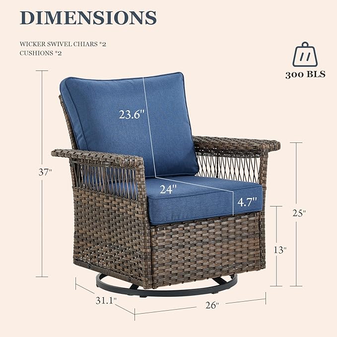 Patio Furniture Set 2 Wicker Swivel Glider Chairs with PE Rattan Side Table Set Brown Wicker Blue Cushions Patio Conversation Set 3pcs for Garden Balcony Sunroom Backyard Poolside