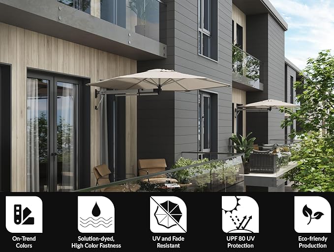 ShadowSpec Retreat Patio Umbrella, Large 9FT Hexagon Wall Mount Umbrella for Balcony, Apartments, And Outdoor Patio