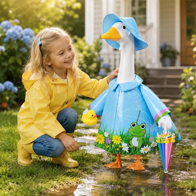 GJL Porch Goose Raincoat Outfit Fits 23 Inch Plastic Cement Goose Statue, Lawn Goose Clothes Set with Umbrella and Hat for Spring Summer Outdoor Yard Garden Decor (Blue-01)