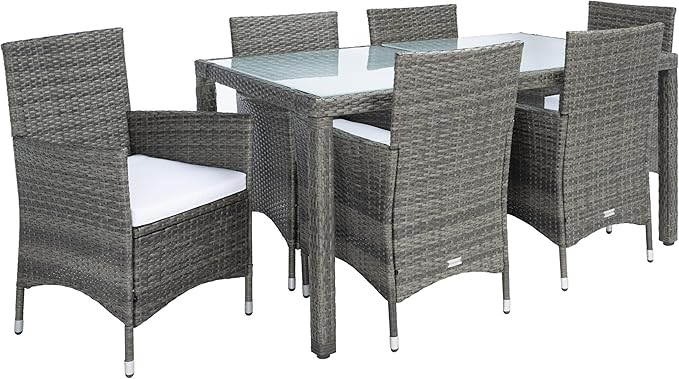 SAFAVIEH Outdoor Collection Ashwin Natural/White Cushion Faux Rattan Dining Set