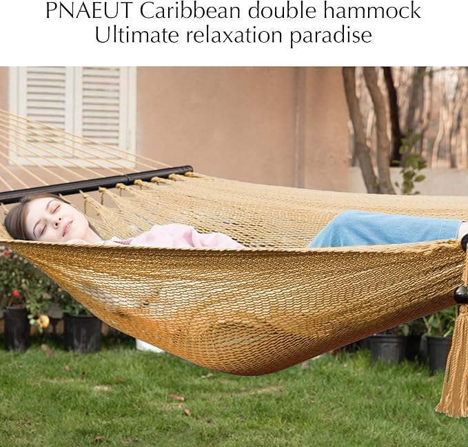 PNAEUT 2 Person Rope Hammocks for Outside, Handwoven Double Caribbean Hammock with Spreader Bar for Outdoor Indoor, Max 600 lbs Capacity (Tan)